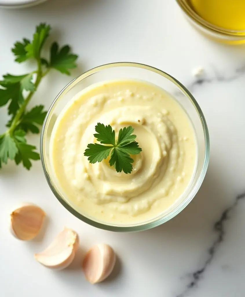 En skål med hemgjord aioli dekorerad med en kvist persilja och vitlöksklyftor i närheten. En skål med hemgjord aioli dekorerad med en kvist persilja och vitlöksklyftor i närheten.
