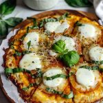 Blomkålspizza med mozzarella, färsk basilika och tomater på en träskiva.