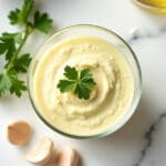 En skål med hemgjord aioli dekorerad med en kvist persilja och vitlöksklyftor i närheten.