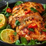 Skivad grillad kyckling med limeklyftor och chili på en tallrik.