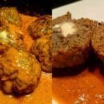 Köttbullar fyllda med mozzarella i en krämig sås, serverade på en tallrik.