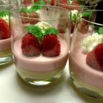 Glas med hallonpannacotta, grädde och färska hallon, dekorerade med mynta.