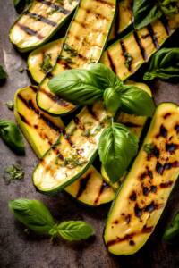Grillad zucchini skivad och dekorerad med färsk basilika på en mörk yta.