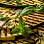 Skivor av grillad zucchini med färska basilikablad på en plåt.