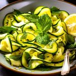En skål med zucchinisallad dekorerad med mynta och citronklyfta.