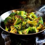 En panna med smörstekt broccoli som har en gyllenbrun yta och ånga som stiger upp.
