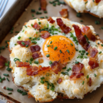 Bakad potatis med ett ägg, bacon och gräslök på toppen, placerad på en plåt.