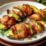 Rullar av avokado inlindade i bacon, garnerade med färsk persilja på en tallrik.