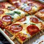 En plåt med panpizza som har skivor av pepperoni och smält ost på toppen.