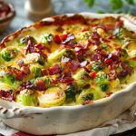 Brysselkålgratäng med bitar av julskinka och knaprig bacon på toppen i en ugnsform.